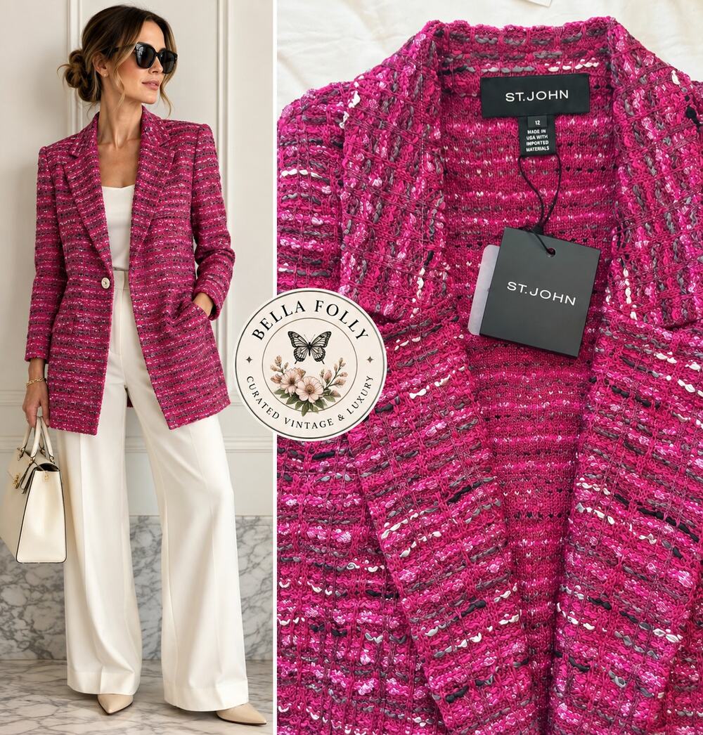 NWT St. John Fuchsia Hot Pink Metallic Tweed Rhinestone Jacket $1895 Size 12